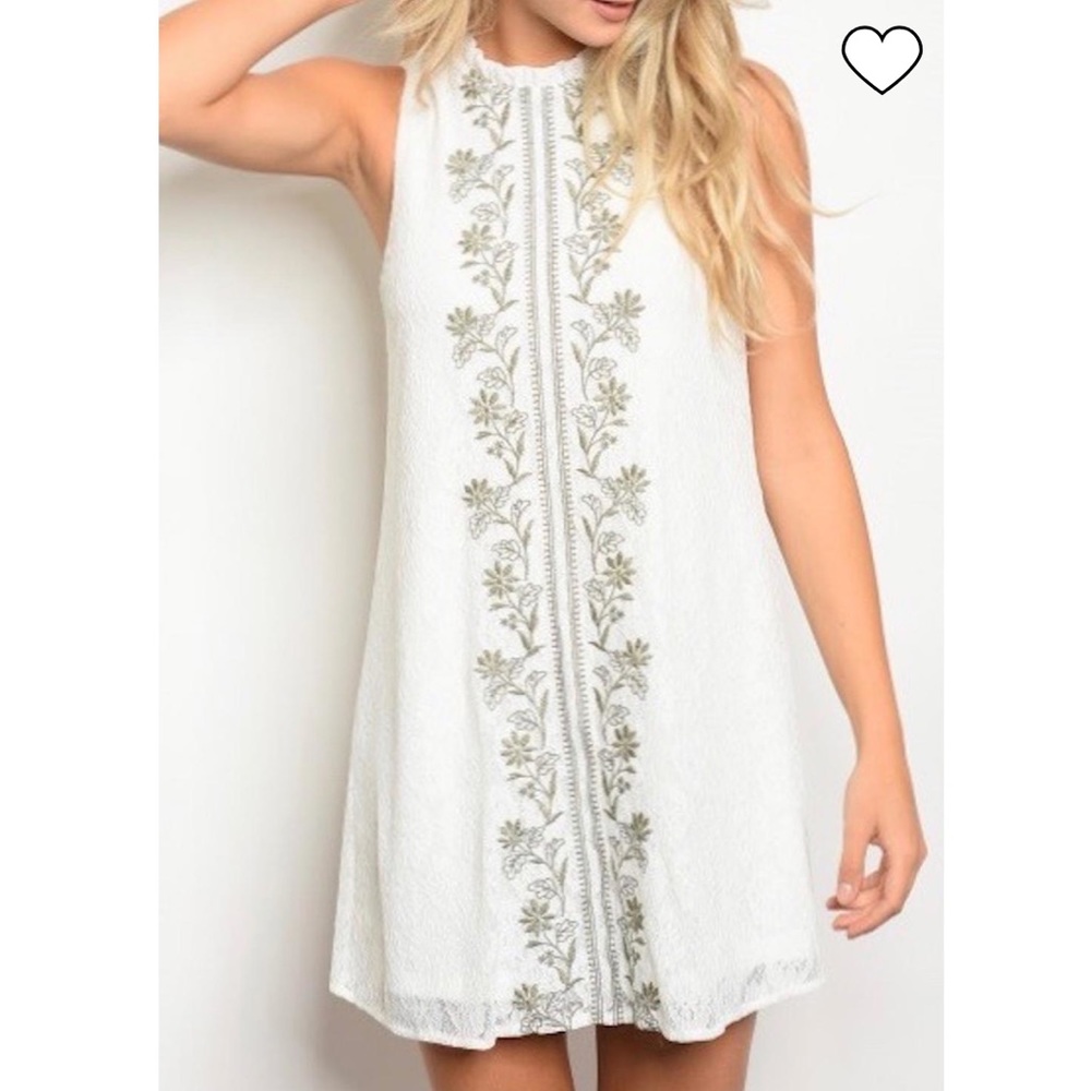 Polagram White Dress with Green Embroidery